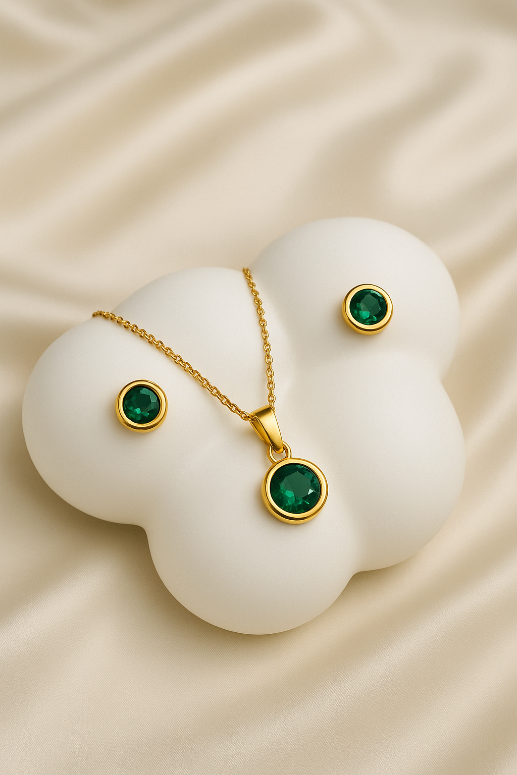 Złoty komplet z zielonym kamieniem